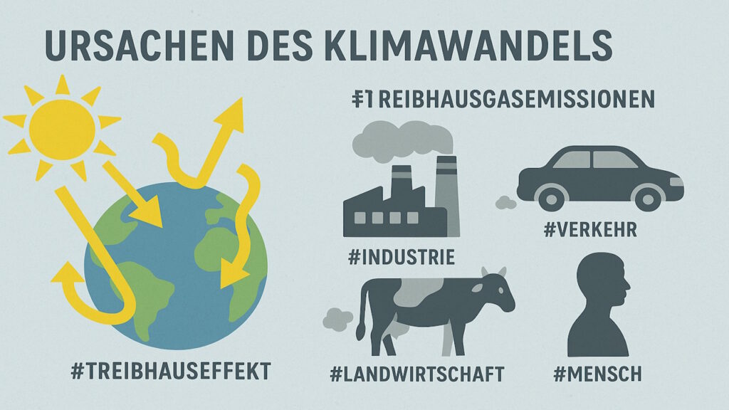 Ursachen des Klimawandels mit Grafik zum Treibhauseffekt und dessen Verursacher.