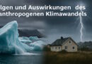 Auswirkungen der Klimaerwärmung und des Klimawandels auf die Erde: Gletscher schmelzen (links) und Unwetter verursachen Schäden wie Überschwemmungen (rechts).
