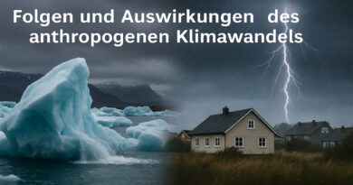 Auswirkungen der Klimaerwärmung und des Klimawandels auf die Erde: Gletscher schmelzen (links) und Unwetter verursachen Schäden wie Überschwemmungen (rechts).