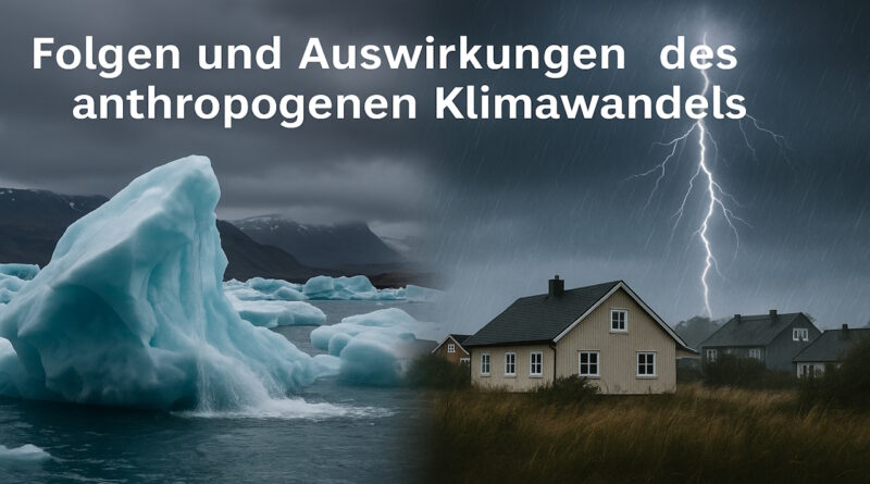 Auswirkungen der Klimaerwärmung und des Klimawandels auf die Erde: Gletscher schmelzen (links) und Unwetter verursachen Schäden wie Überschwemmungen (rechts).