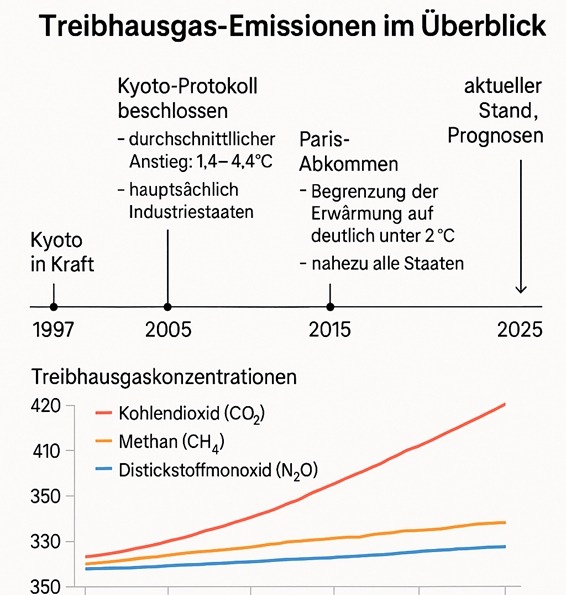 Beispielhafte Darstellung des Anstiegs der Treibhausgase in der Atmosphäre über die Jahre 1997 bis 2025. KI-generiert