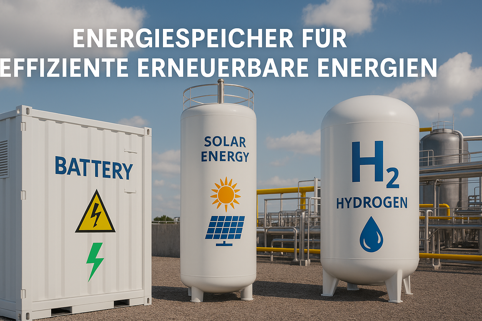Energiespeicher für effiziente Erneuerbare Energien. Gegenüberstellung von Batteriespeicher, Druckluftspeicher und Wasserstoffspeicher.